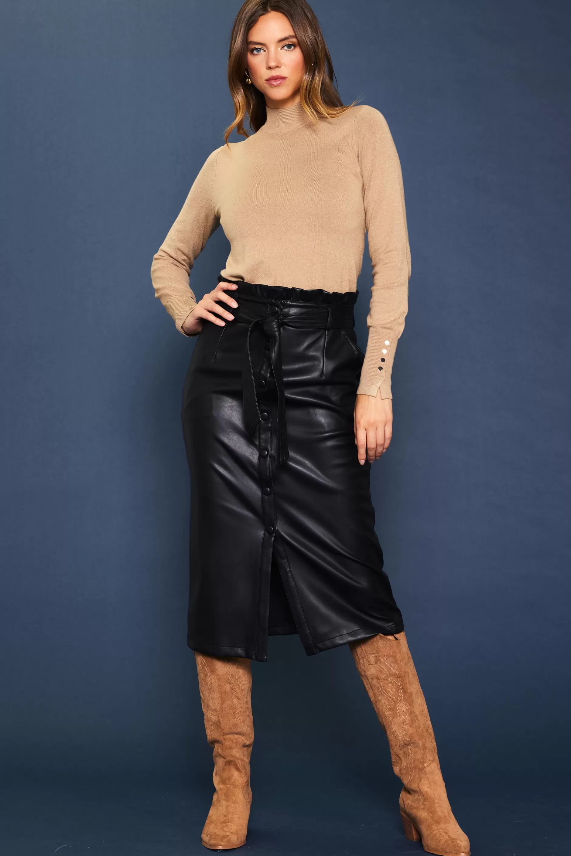 SKIES ARE BLUE Vegan Leather Front Tie Midi Skirt