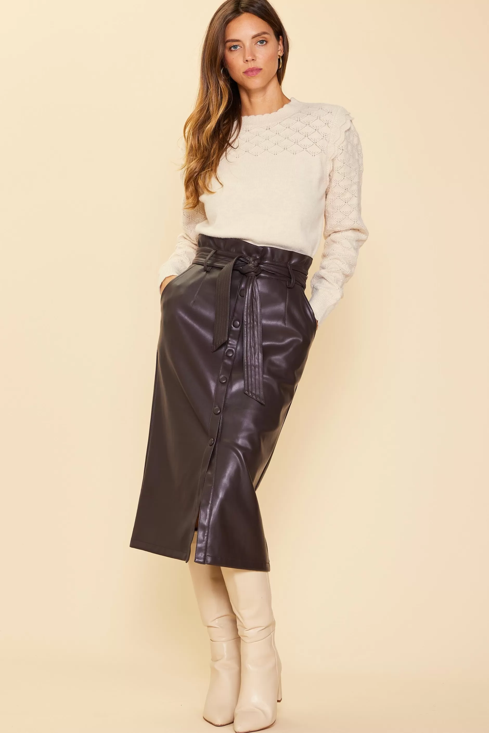 SKIES ARE BLUE Vegan Leather Front Tie Midi Skirt