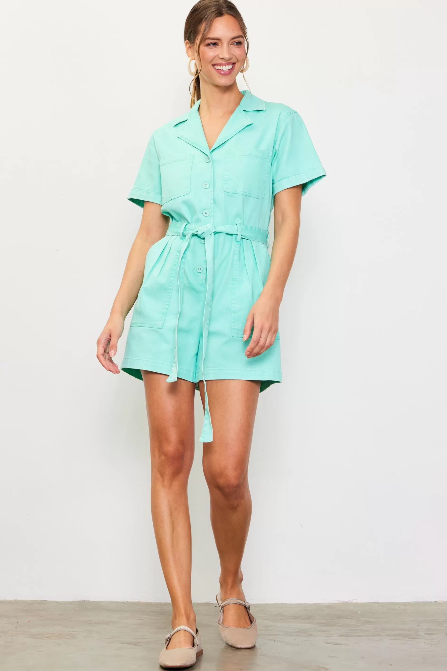 SKIES ARE BLUE Washed Twill Utility Romper