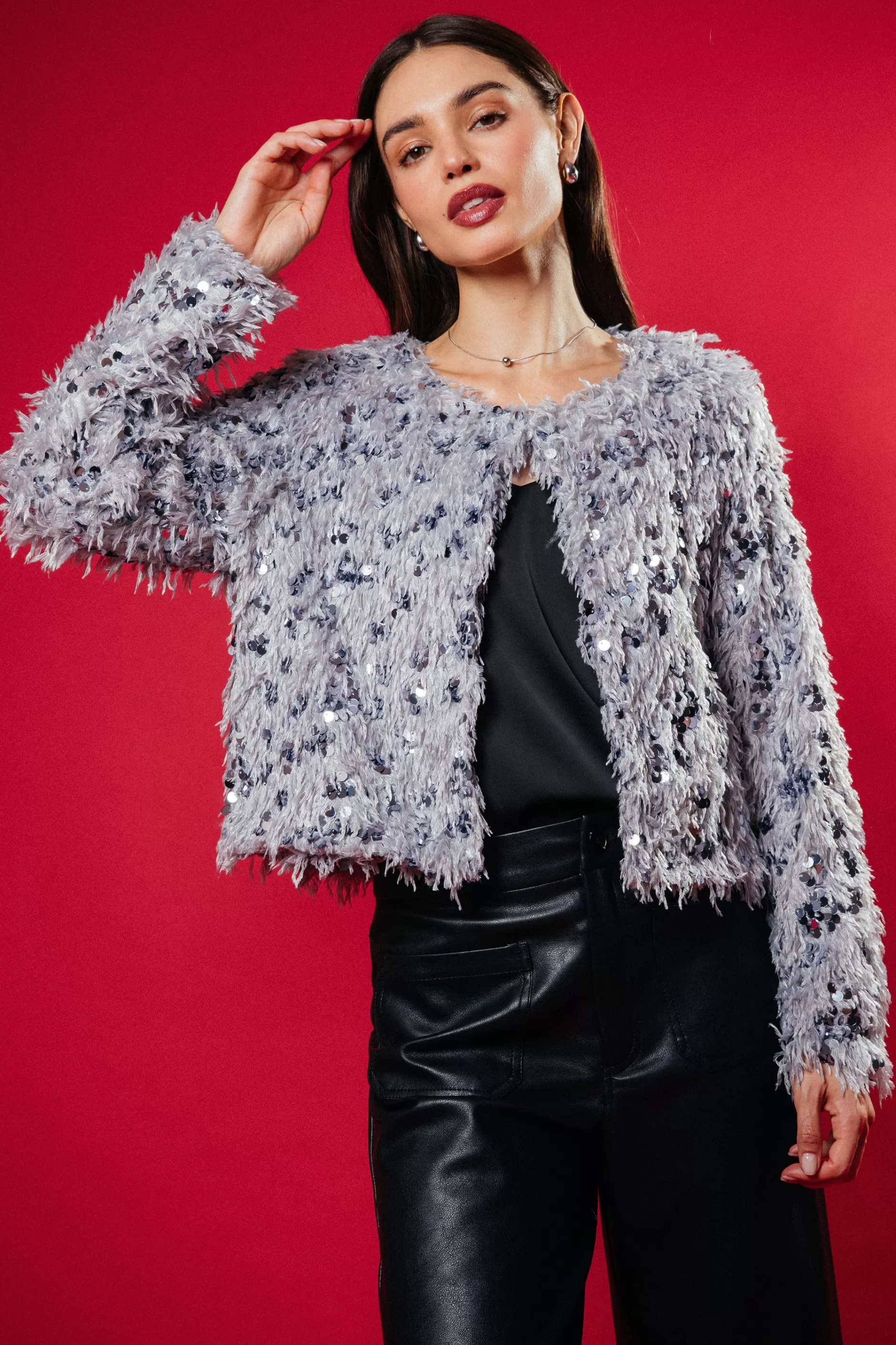 SKIES ARE BLUE Wren Feathered Sequin Crop Jacket