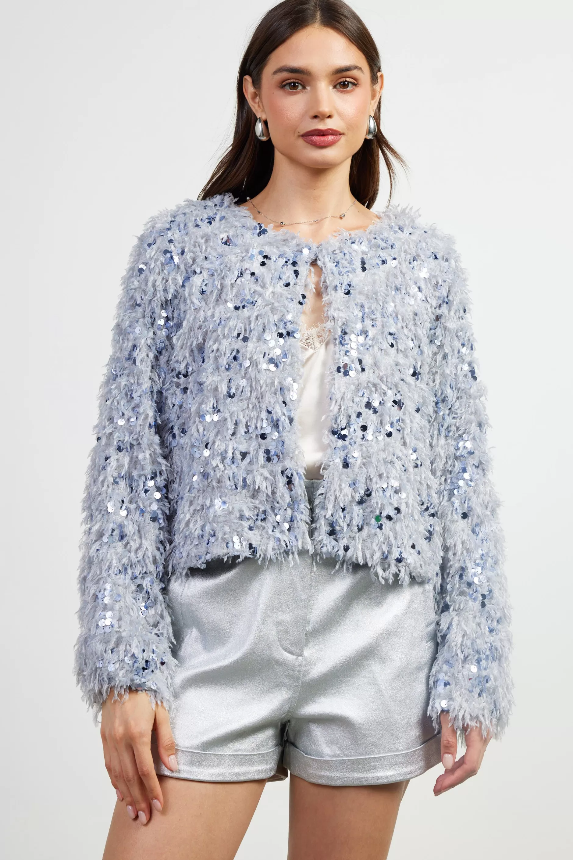 SKIES ARE BLUE Wren Feathered Sequin Crop Jacket